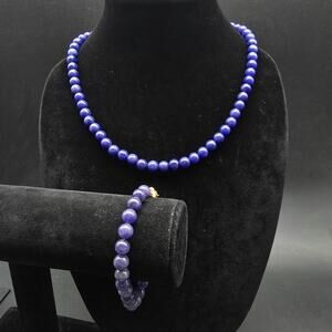 Blue Lapis Gemstone Beaded Necklace Bracelet Set Gold Tone Clasp